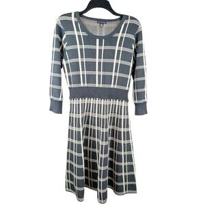 Nina Leonard Plaid Scoop Neck Jacquard Knit Sweater Dress Gray White Plaid Sz XL